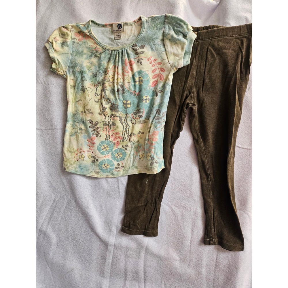 One World Kids Girls Floral Giraffe Print Top Leggings Set Size 4 Olive Green